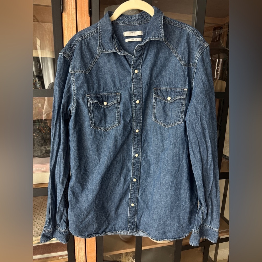 Mango slim fit denim shirt long sleeve western jean jacket button down pearl